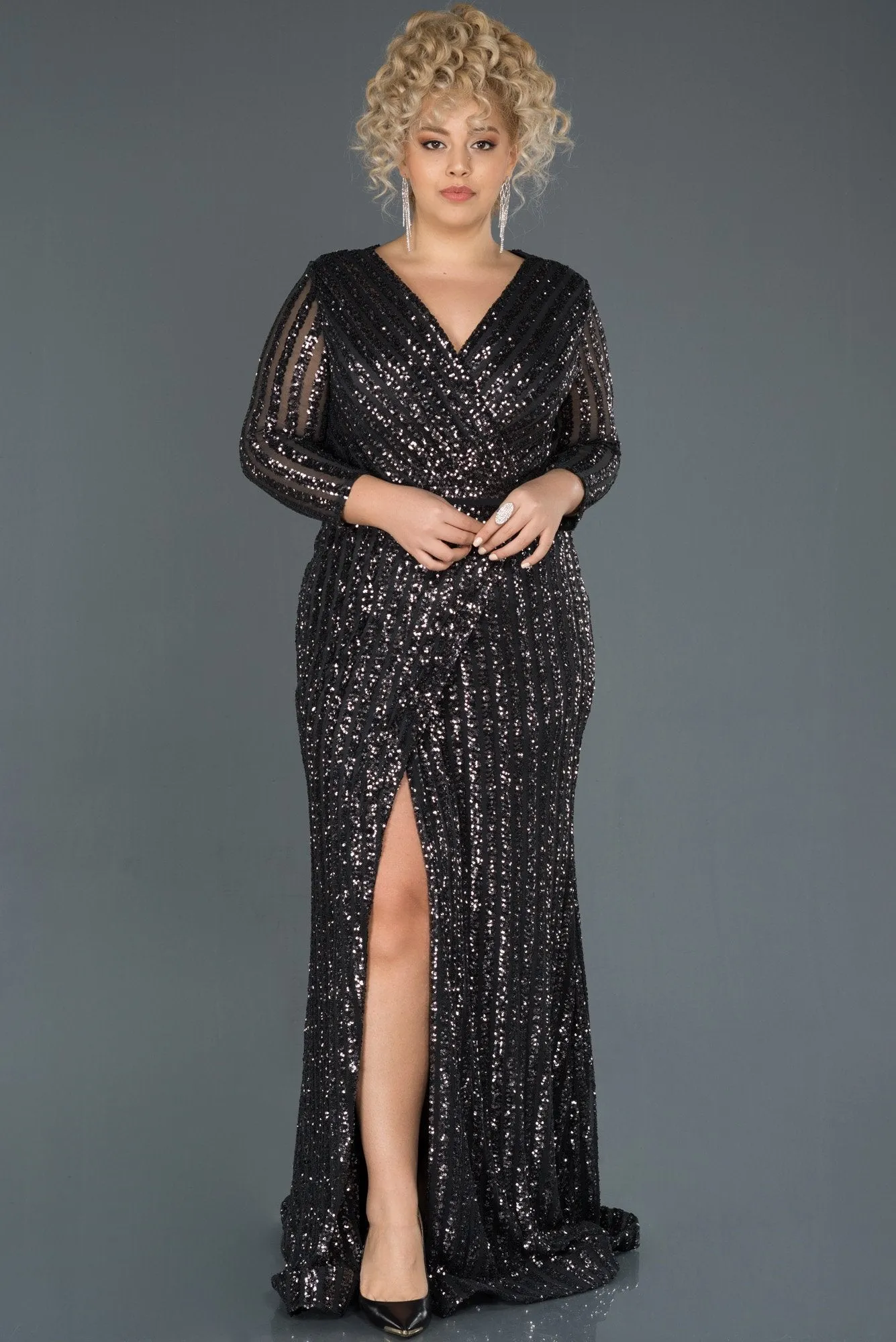 14645 Anthracite Sequins Wrap Slit Dress