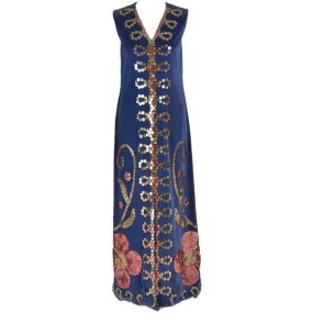 1970s Blue Velvet Maxi Dress with Large Gold Sequins