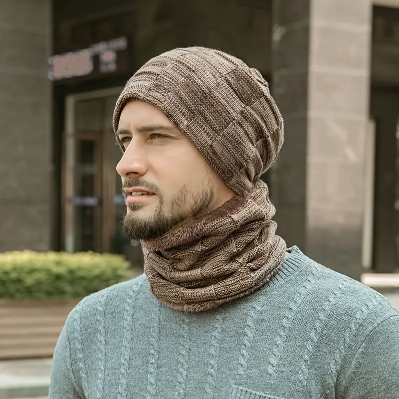 1pc Winter Hat And Scarf Set, Thick Lining, No Brim, Keeps Men And Women Warm In Winter