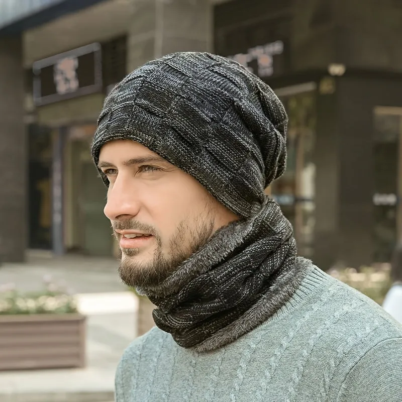 1pc Winter Hat And Scarf Set, Thick Lining, No Brim, Keeps Men And Women Warm In Winter
