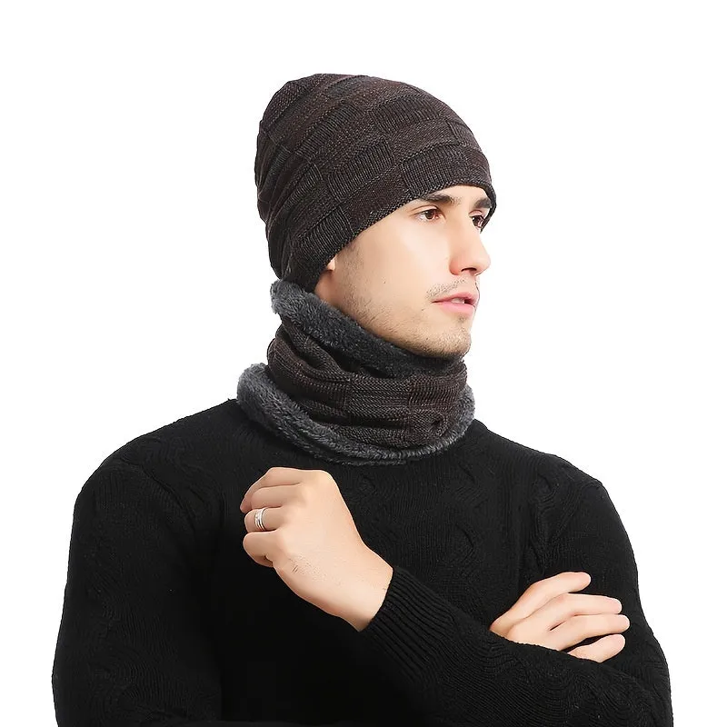 1pc Winter Hat And Scarf Set, Thick Lining, No Brim, Keeps Men And Women Warm In Winter