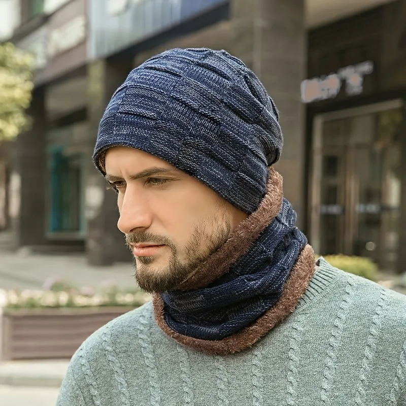 1pc Winter Hat And Scarf Set, Thick Lining, No Brim, Keeps Men And Women Warm In Winter