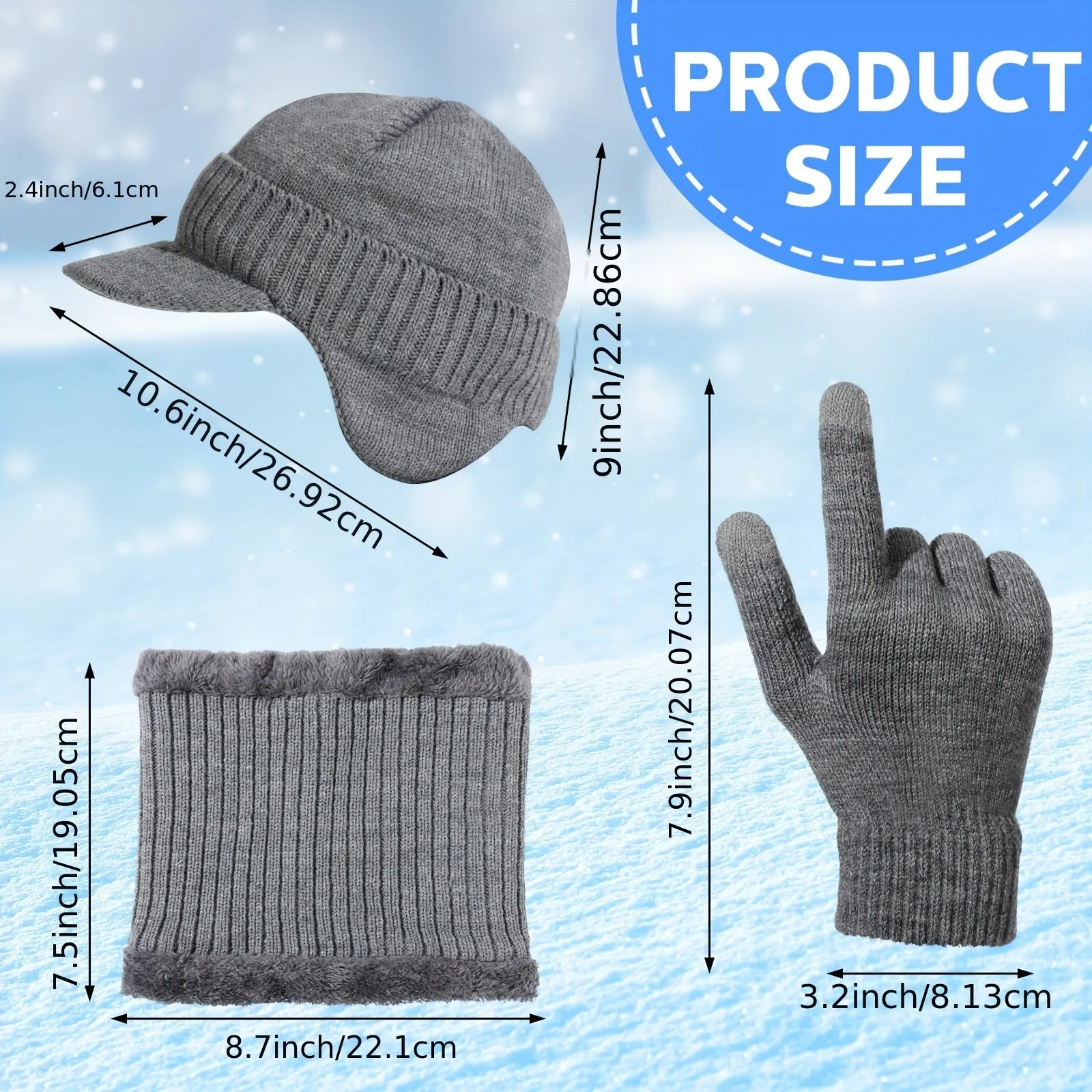 3 Pcs Winter Hat Scarf Glove Set Visor Beanie Hat With Earflaps Neck Warmer And Touch Screen Gloves For Men Women