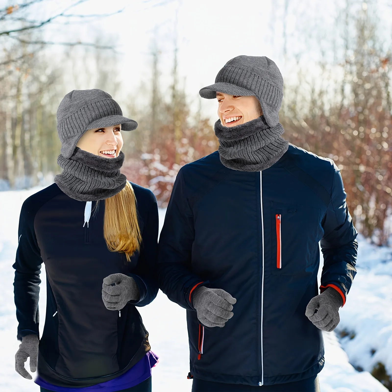 3 Pcs Winter Hat Scarf Glove Set Visor Beanie Hat With Earflaps Neck Warmer And Touch Screen Gloves For Men Women