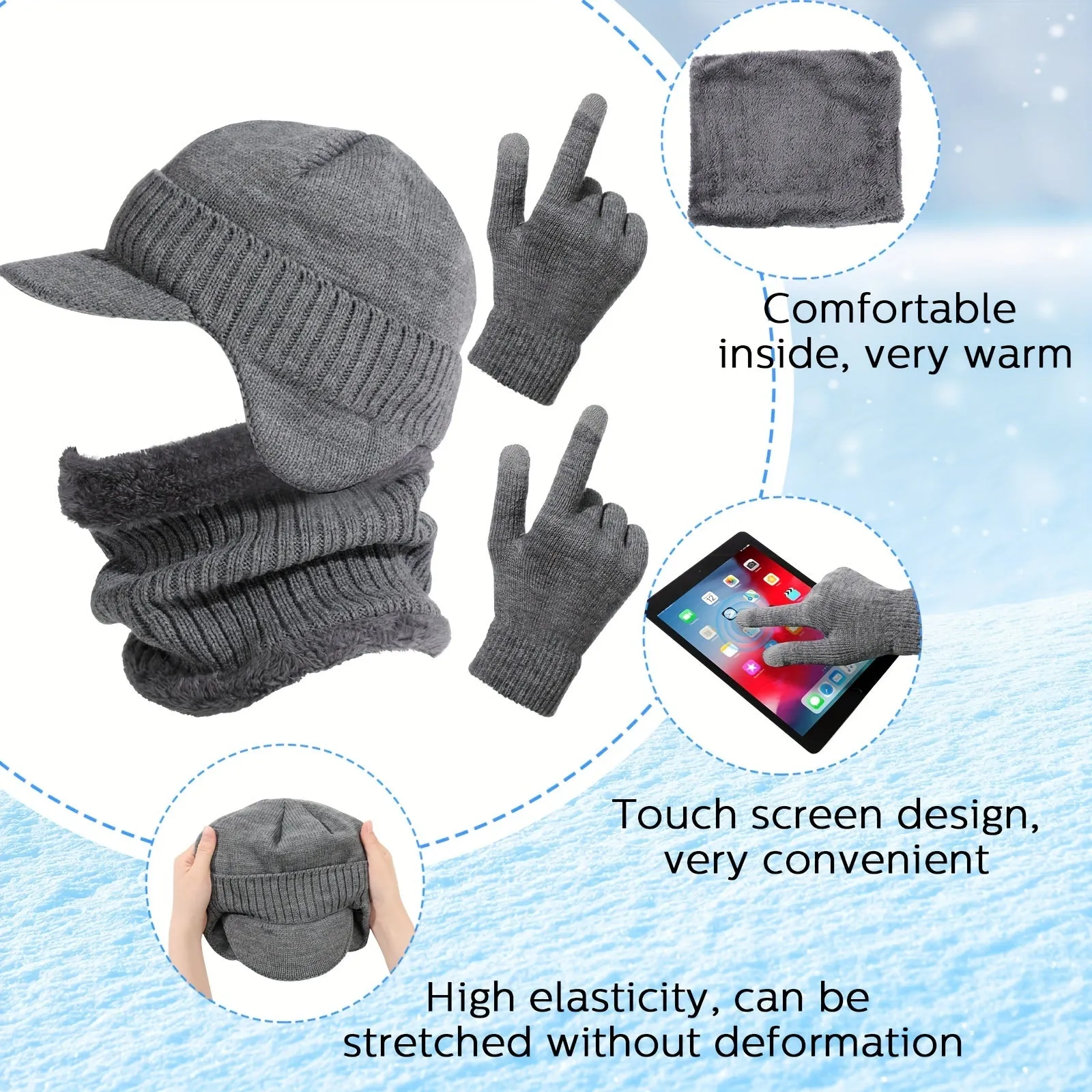 3 Pcs Winter Hat Scarf Glove Set Visor Beanie Hat With Earflaps Neck Warmer And Touch Screen Gloves For Men Women