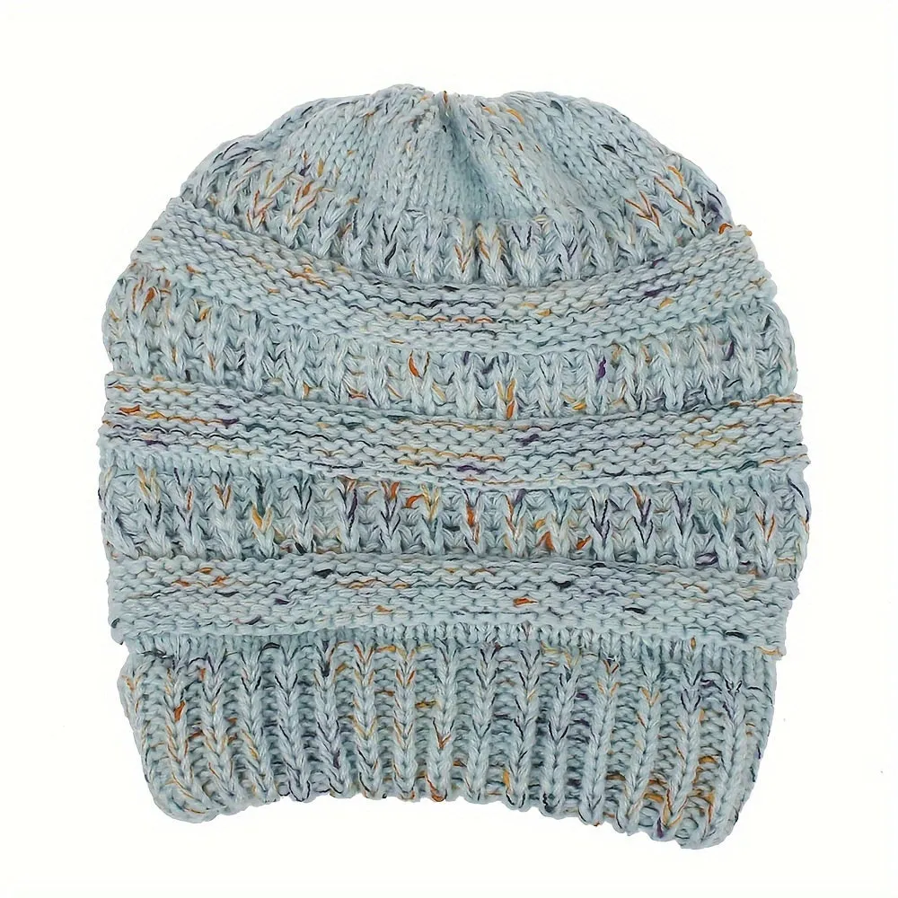 Acrylic Knit Solid Color Slouchy Beanie with Ponytail Hole - Soft, Packable, Elastic, Warm, and Trendy - Perfect for Daily Use in Autumn and Winter