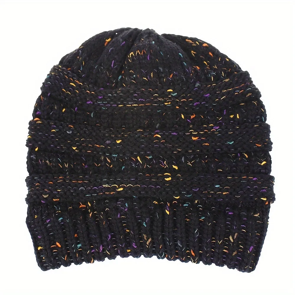 Acrylic Knit Solid Color Slouchy Beanie with Ponytail Hole - Soft, Packable, Elastic, Warm, and Trendy - Perfect for Daily Use in Autumn and Winter