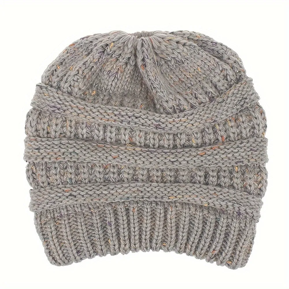 Acrylic Knit Solid Color Slouchy Beanie with Ponytail Hole - Soft, Packable, Elastic, Warm, and Trendy - Perfect for Daily Use in Autumn and Winter