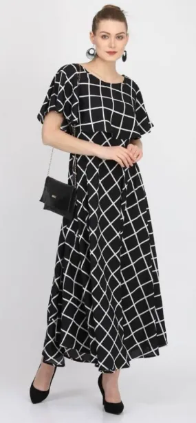 American Crepe Cape Sleeve Checked Long Maxi Dress