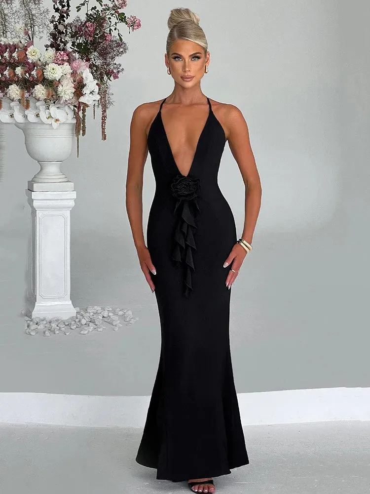 Amozae 3D Flower Deep V Neck Sexy Maxi Dress For Women Fashion Spaghetti Strap Sleeveless Backless Club Party Sexy Dress