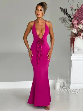 Amozae 3D Flower Deep V Neck Sexy Maxi Dress For Women Fashion Spaghetti Strap Sleeveless Backless Club Party Sexy Dress