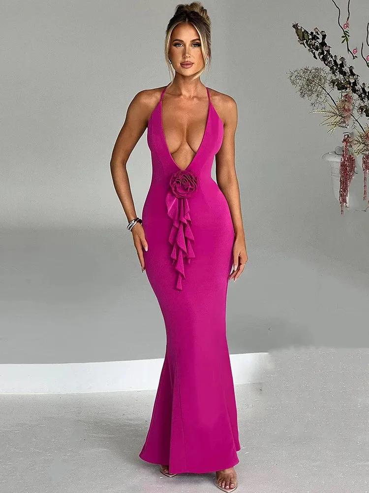 Amozae 3D Flower Deep V Neck Sexy Maxi Dress For Women Fashion Spaghetti Strap Sleeveless Backless Club Party Sexy Dress