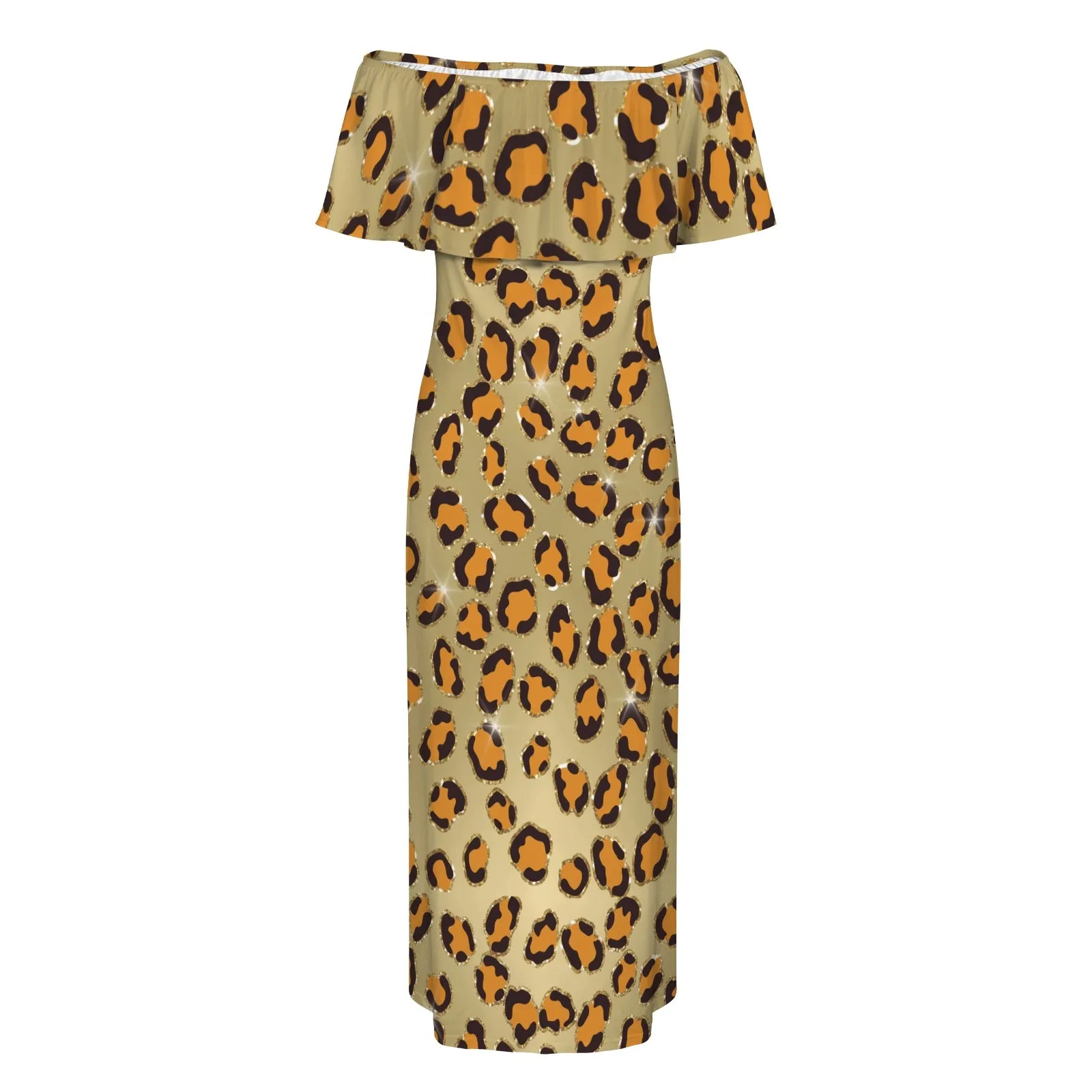 Animal Print 10 Women's Off Shoulder Ruffle Boat Neck Dress (Model D71)