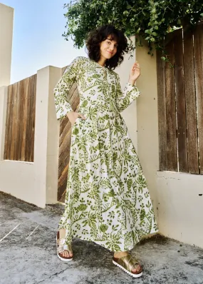 Asta Dress In Green And White Ikat