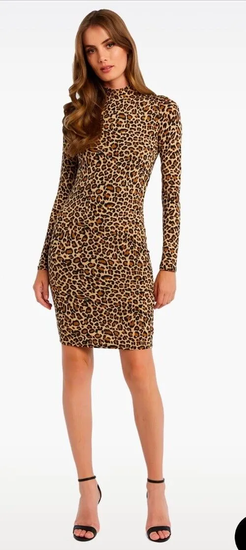 Bardot Women's Mock Neck Animal Print Bodycon Dress Brown Size Large