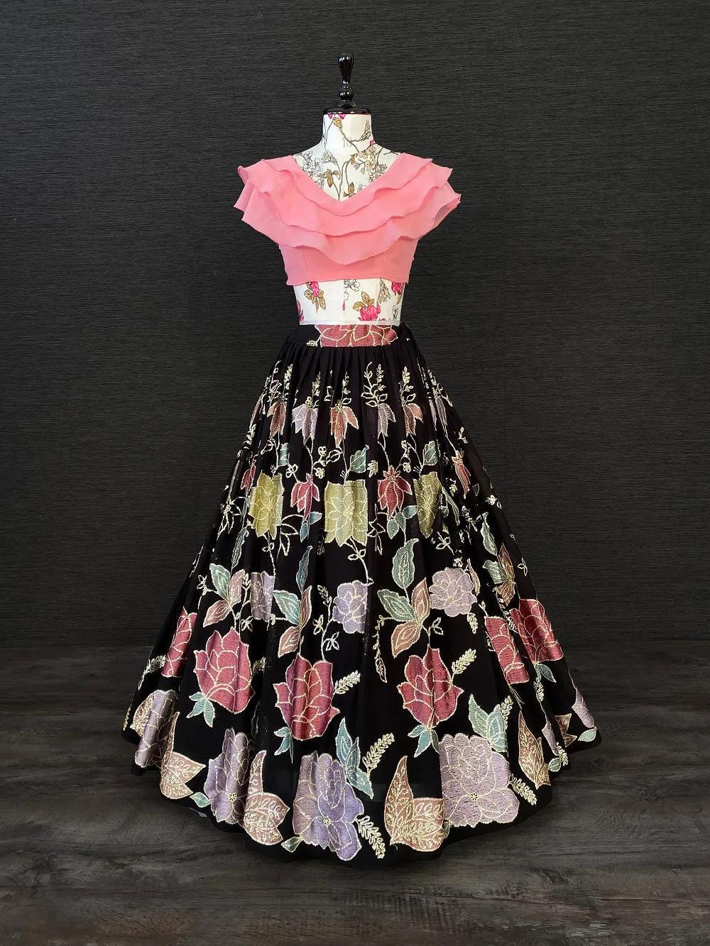 Black & Pink Color Thread And Sequins Embroidery Work Georgette Two Piece Lehenga Set