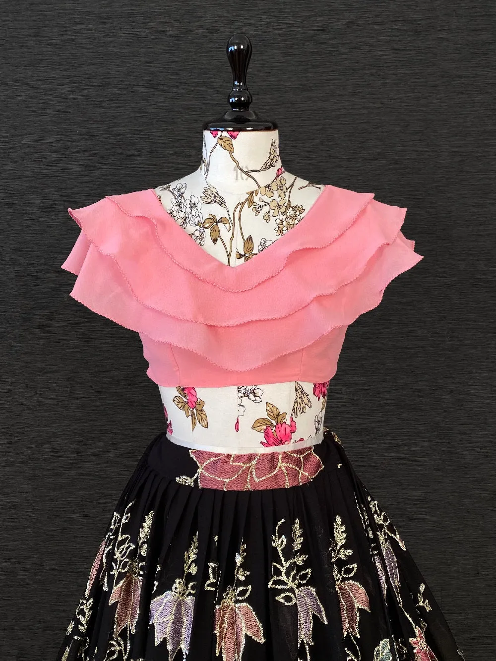 Black & Pink Color Thread And Sequins Embroidery Work Georgette Two Piece Lehenga Set