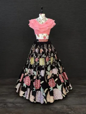 Black & Pink Color Thread And Sequins Embroidery Work Georgette Two Piece Lehenga Set