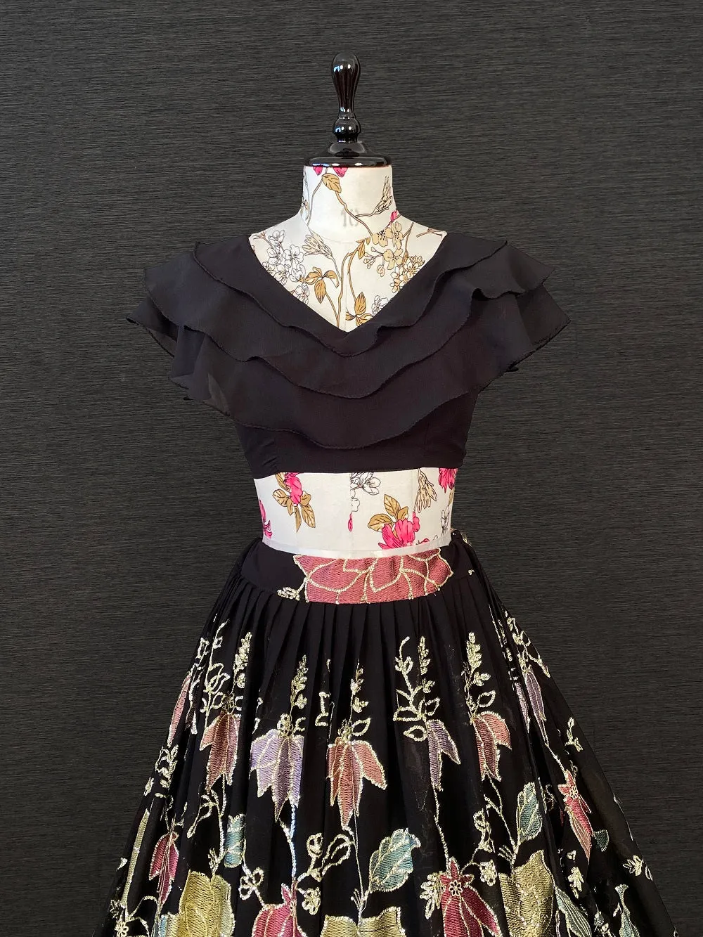 Black Color Thread And Sequins Embroidery Work Georgette Crop-Top
