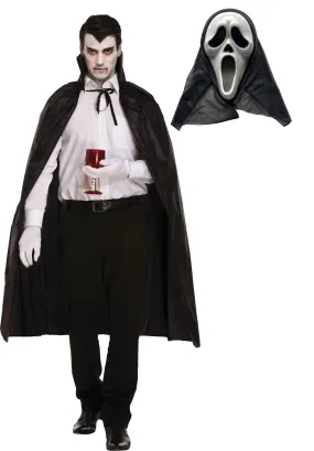 Black Dracula Cape with Collar with Scream Ghost Killer Mask Halloween Scary Dracula Fancy Dress Costume