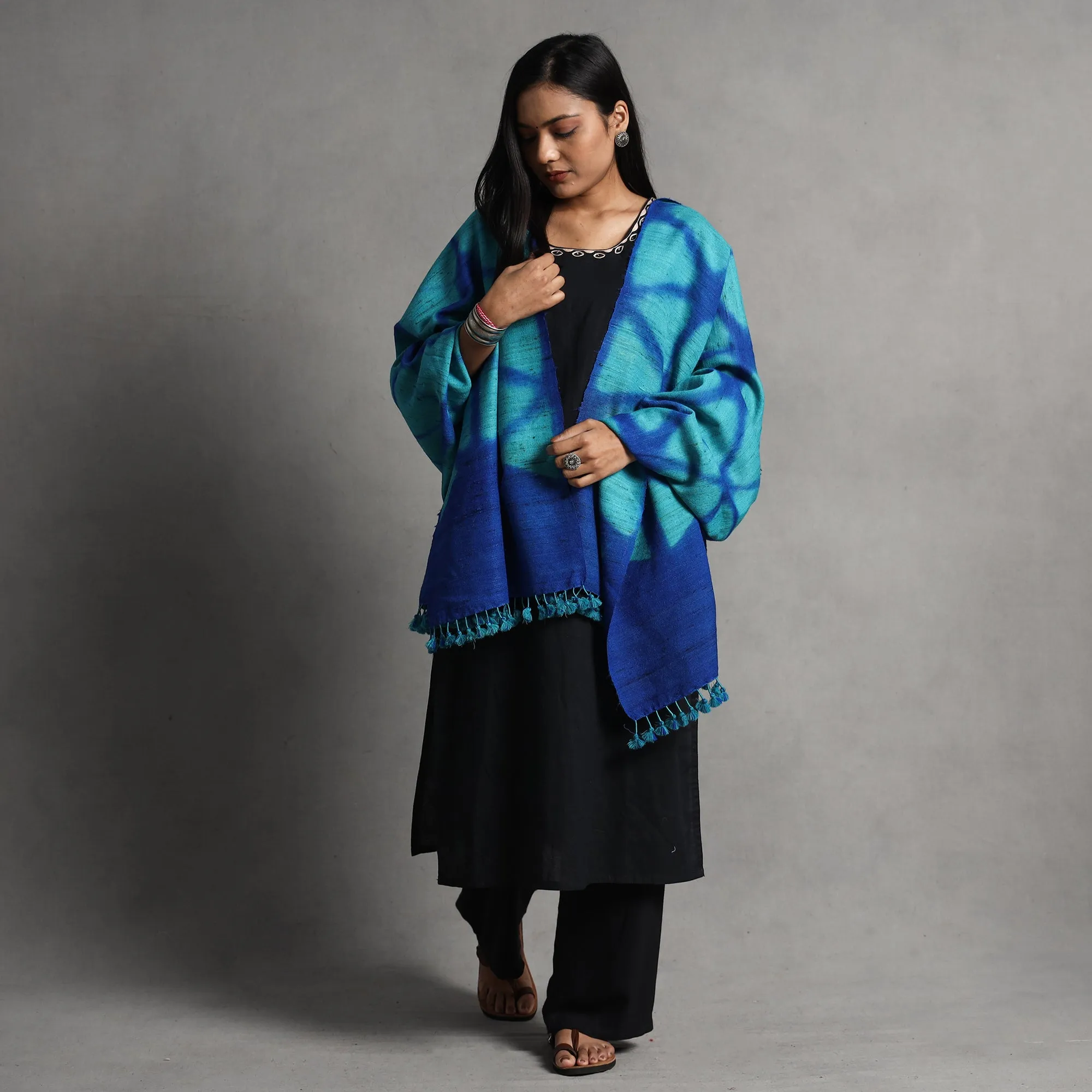 Blue - Kutch Handwoven Clamp Dyed Shibori Silk x Merino Woolen Shawl