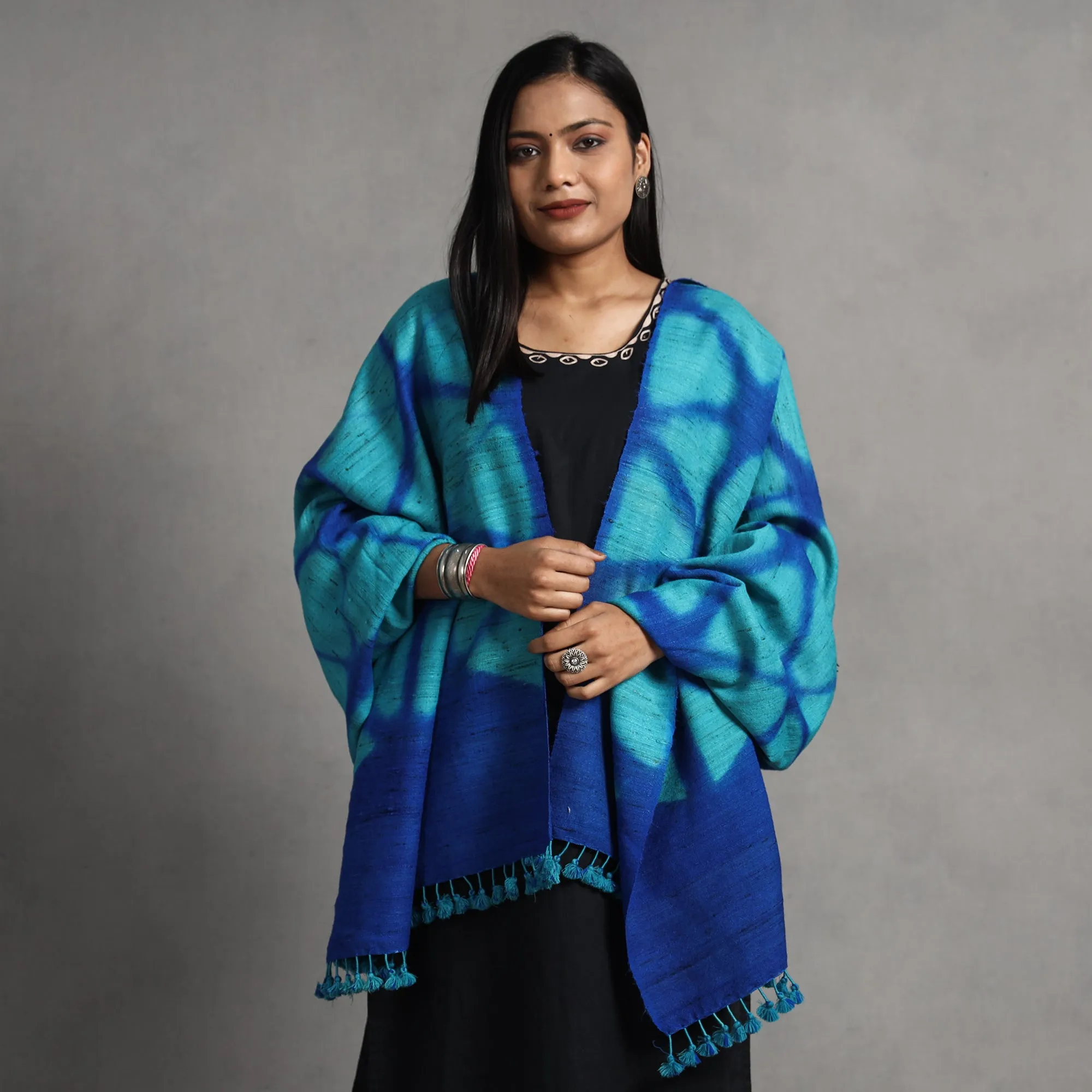 Blue - Kutch Handwoven Clamp Dyed Shibori Silk x Merino Woolen Shawl
