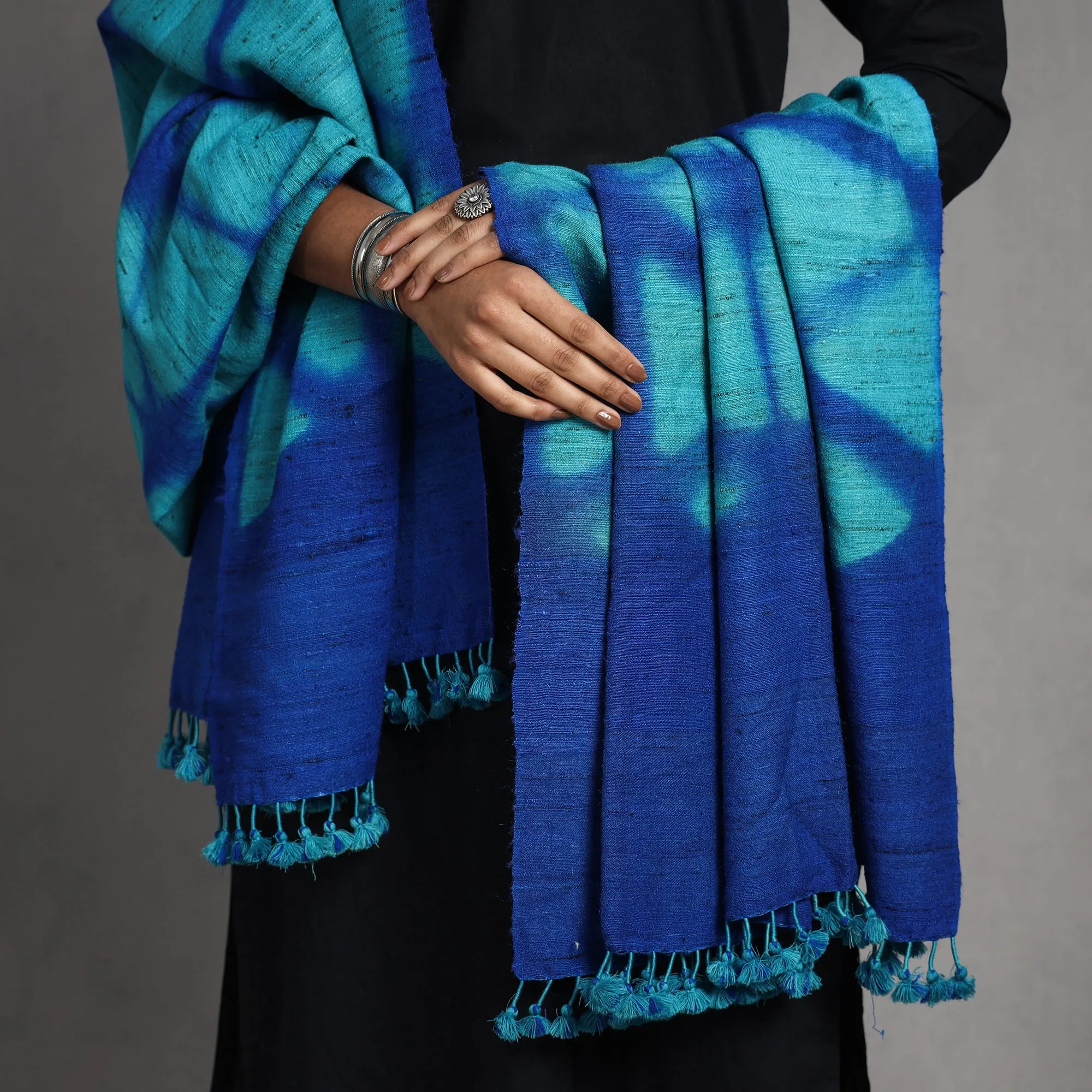 Blue - Kutch Handwoven Clamp Dyed Shibori Silk x Merino Woolen Shawl