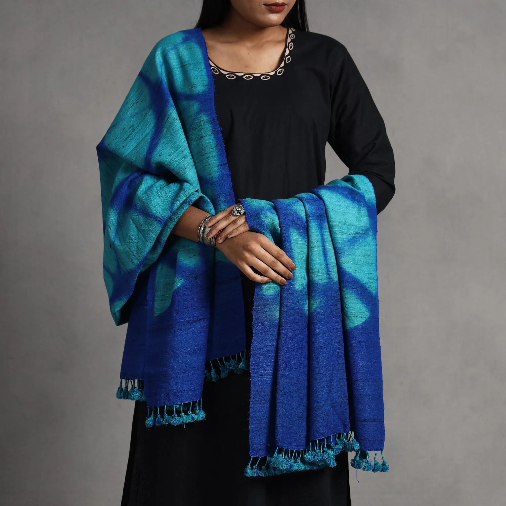 Blue - Kutch Handwoven Clamp Dyed Shibori Silk x Merino Woolen Shawl