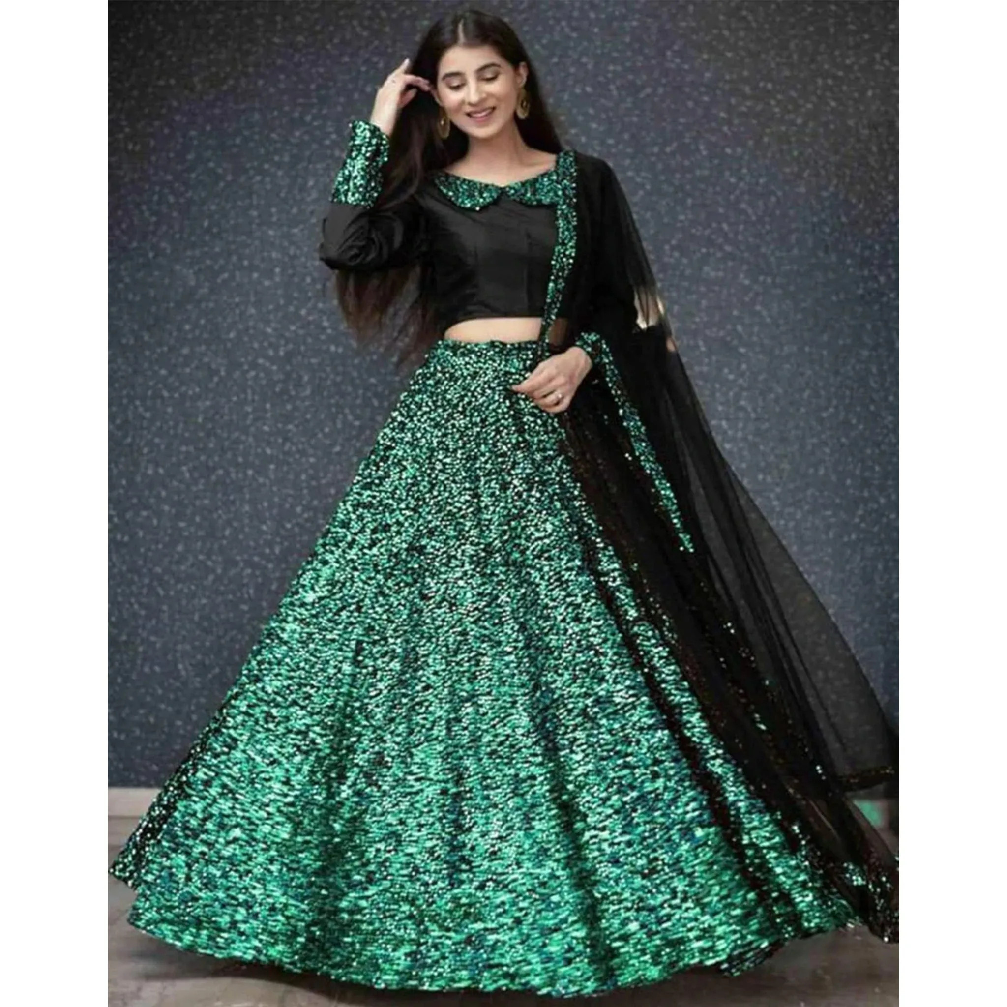 Bottle Green Colored Heavy Sequence Lehenga Choli with Dupatta