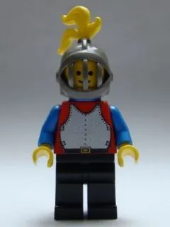 Breastplate, Red with Blue Arms, Black Legs, Dark Gray Grille Helmet, Yellow Plume, Blue Plastic Cape