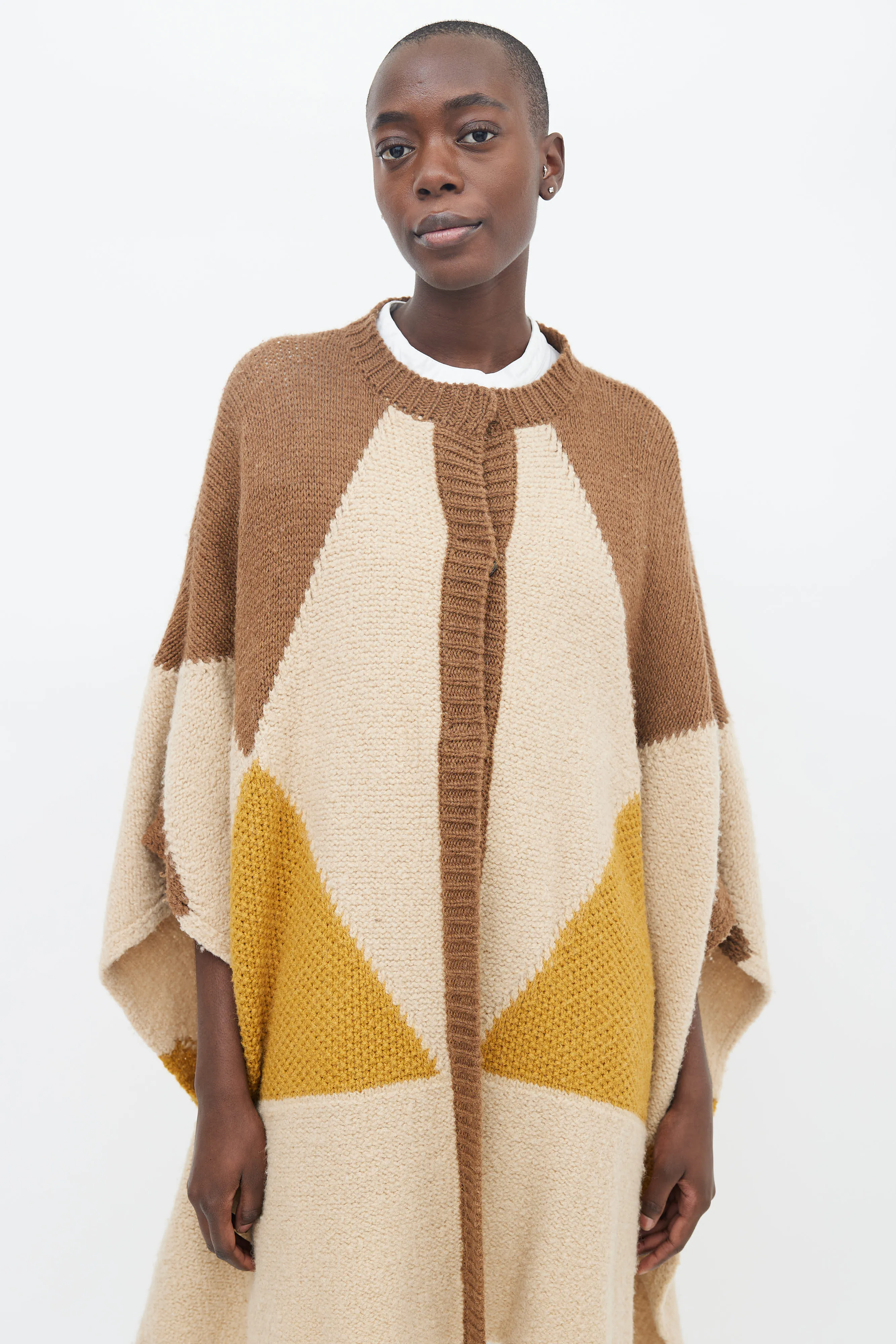 Brown, Beige & Yellow Knit Cape Sweater