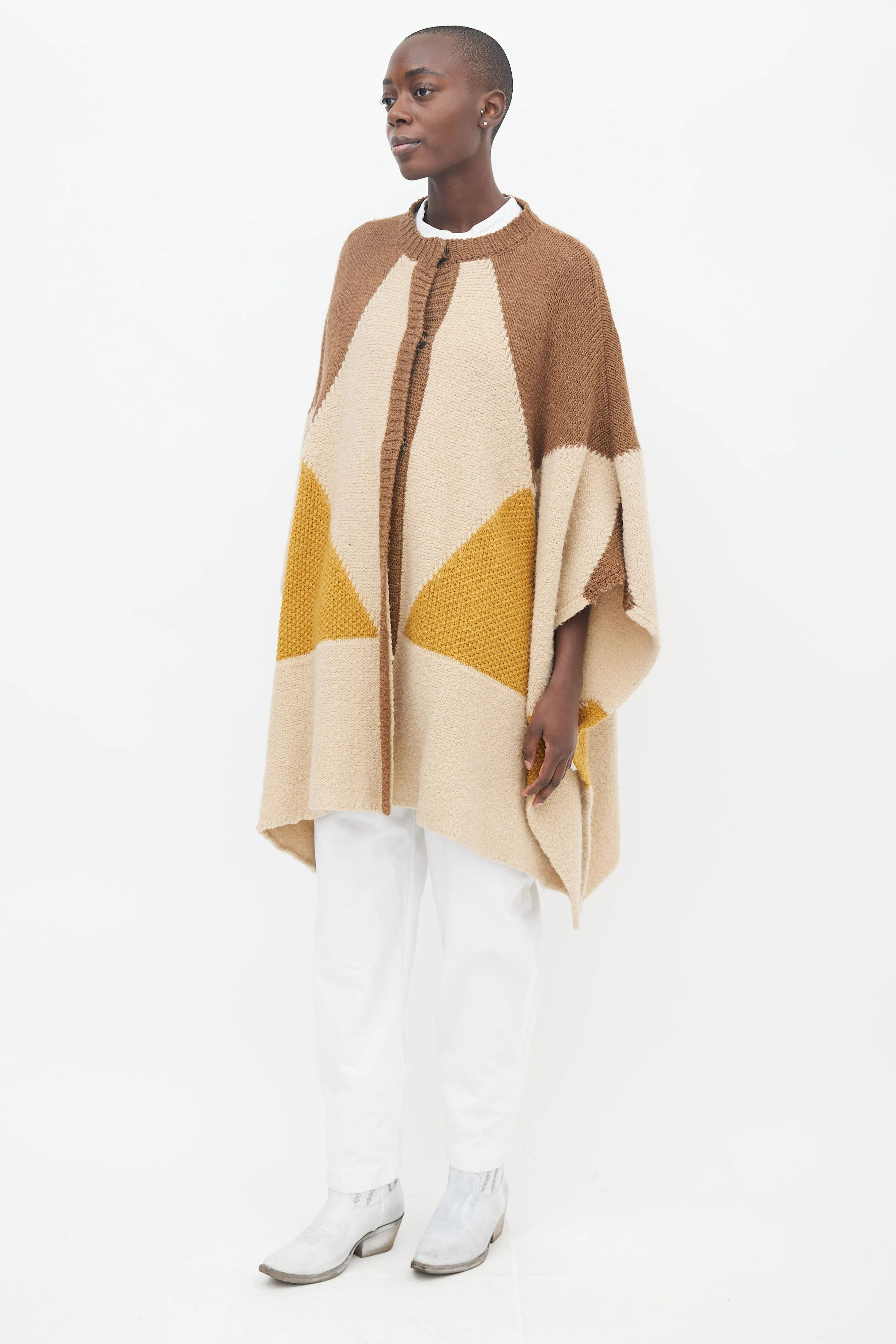 Brown, Beige & Yellow Knit Cape Sweater