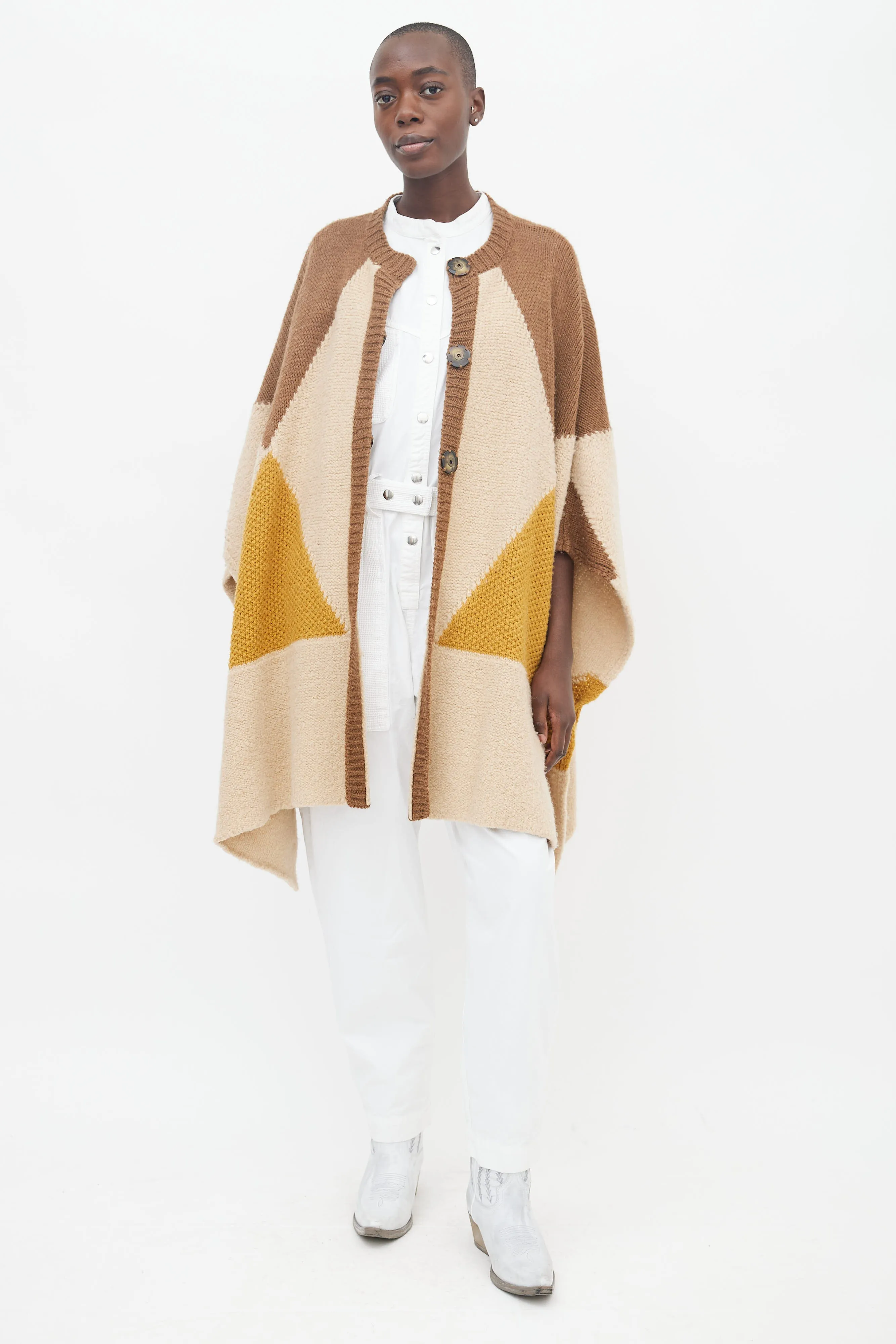 Brown, Beige & Yellow Knit Cape Sweater