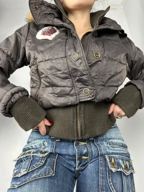 Brown zip up winter puffer jacket (M)