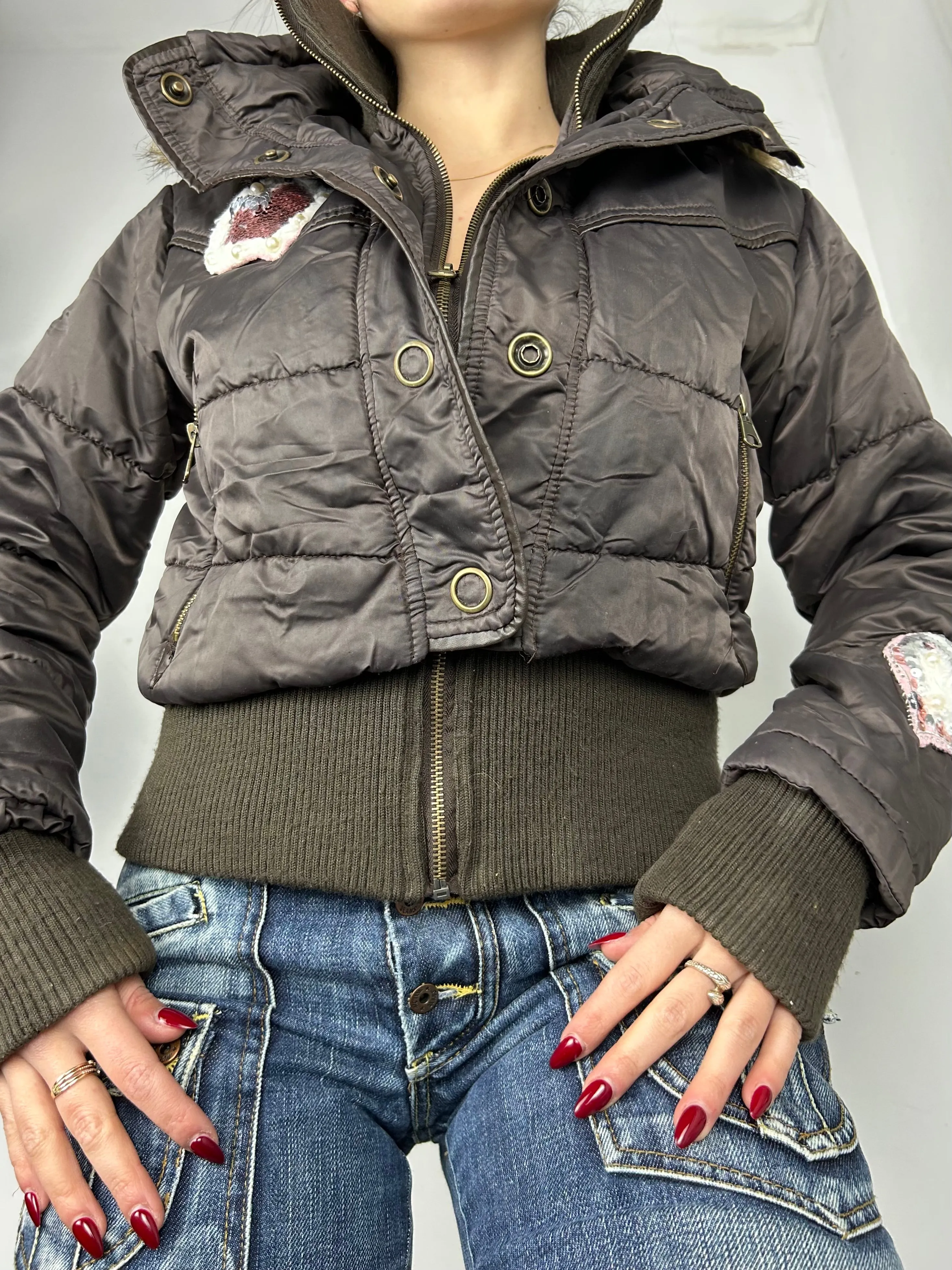 Brown zip up winter puffer jacket (M)