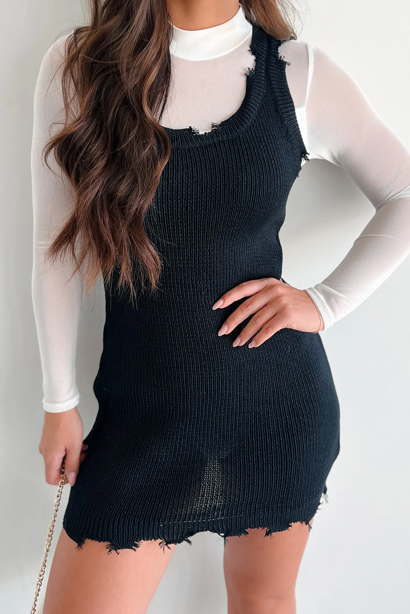 Call Me Cool Distressed Sweater Tank Dress (Black)