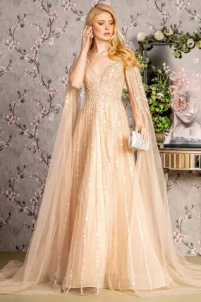 Champagne Rain Sequin Deep V Neck Cape Sleeve A Line Mob DRE