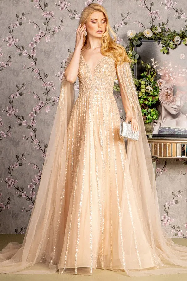Champagne Rain Sequin Deep V Neck Cape Sleeve A Line Mob DRE
