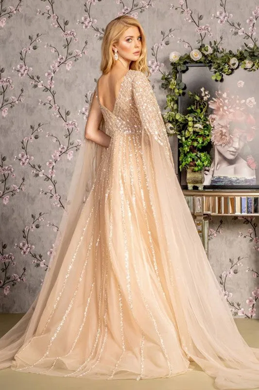 Champagne Rain Sequin Deep V Neck Cape Sleeve A Line Mob DRE