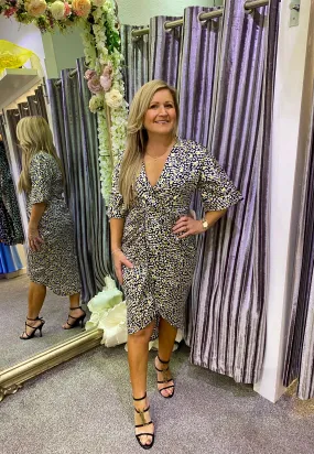 Chelsea half sleeve gold print wrap high low midi dress