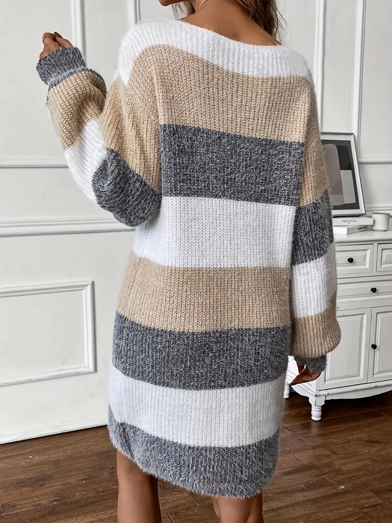 Chic Striped Knit Sweater Dress - Casual Crew Neck, Long Sleeve, Mid-Length with Drop Shoulder Design for Women