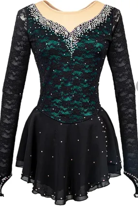 Competition Skating Dress Black Lace Over Green BSU05112.1 Stock