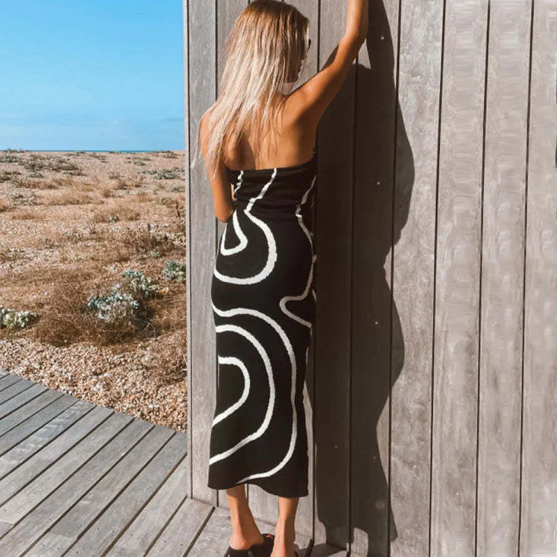 Contrast Black Wavy Striped Print Sleeveless Bodycon Midi Sweater Dress