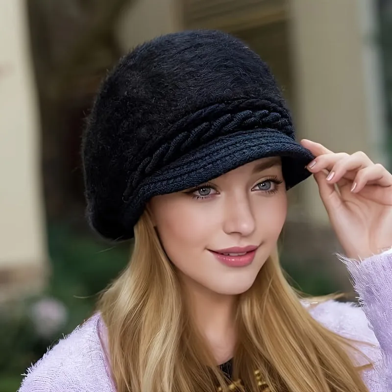 Cozy Faux Rabbit Fur Beanie with Brim - Thick Knit Winter Hat for Women, Warm & Stylish, Perfect for Christmas
