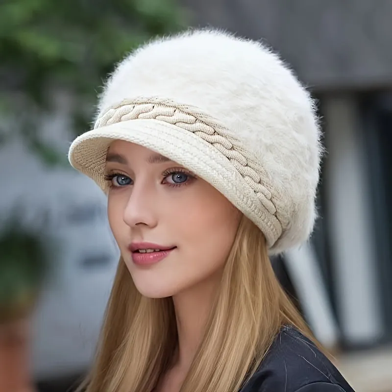 Cozy Faux Rabbit Fur Beanie with Brim - Thick Knit Winter Hat for Women, Warm & Stylish, Perfect for Christmas