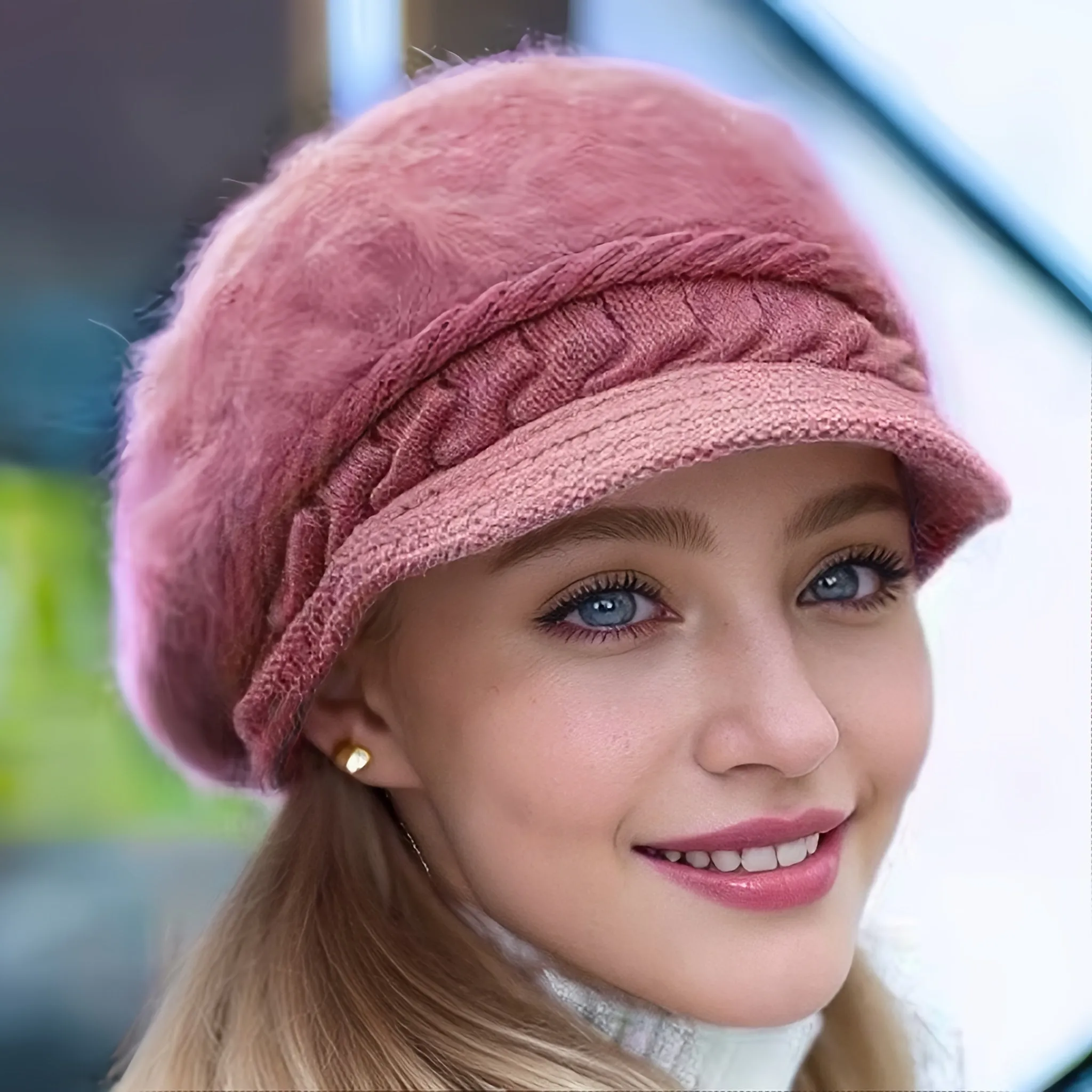 Cozy Faux Rabbit Fur Beanie with Brim - Thick Knit Winter Hat for Women, Warm & Stylish, Perfect for Christmas