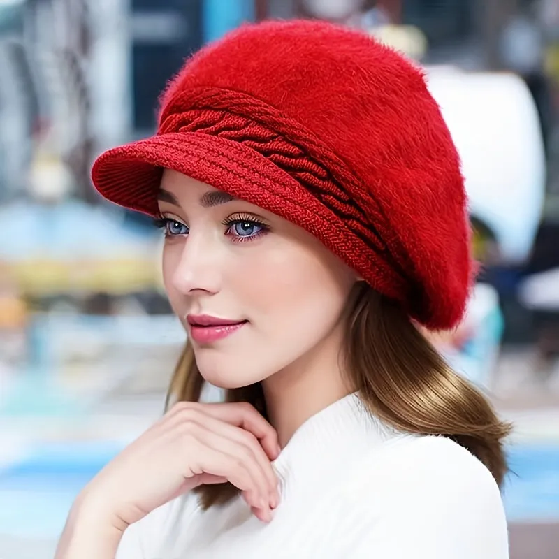 Cozy Faux Rabbit Fur Beanie with Brim - Thick Knit Winter Hat for Women, Warm & Stylish, Perfect for Christmas