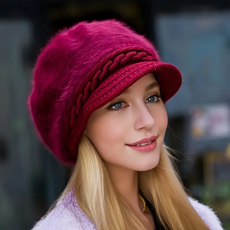 Cozy Faux Rabbit Fur Beanie with Brim - Thick Knit Winter Hat for Women, Warm & Stylish, Perfect for Christmas