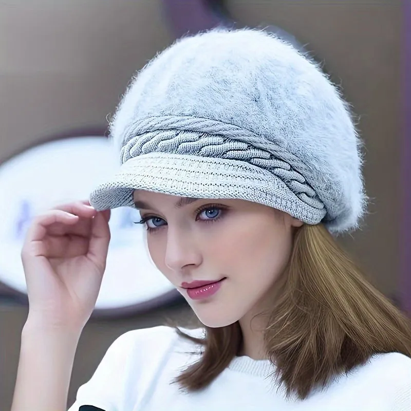 Cozy Faux Rabbit Fur Beanie with Brim - Thick Knit Winter Hat for Women, Warm & Stylish, Perfect for Christmas