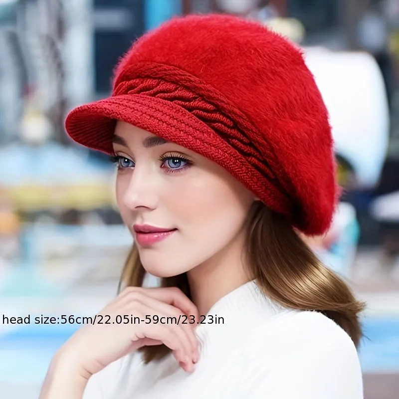 Cozy Faux Rabbit Fur Beanie with Brim - Thick Knit Winter Hat for Women, Warm & Stylish, Perfect for Christmas
